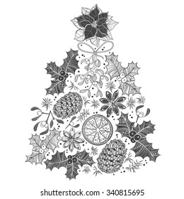 Christmas tree. Hand-drawn vector illustration on white  background.