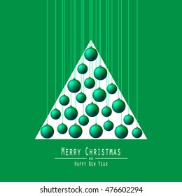 Christmas Tree. Handing Christmas Balls. Green Balls. Merry Christmas and Happy New Year. Vector Illustration. Background Green . Triangle White.