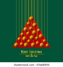Christmas Tree. Handing Christmas Balls. Orange Balls. Merry Christmas and Happy New Year. Vector Illustration. Green and Red Background.