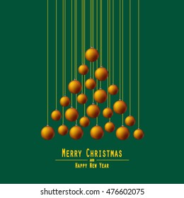 Christmas Tree. Handing Christmas Balls. Orange Balls. Merry Christmas and Happy New Year. Vector Illustration. Green Background.