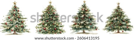 Christmas tree, Hand-painted realistic watercolor illustration featuring Christmas. Soft, delicate brushstrokes, artistic holiday aesthetic. isolated on white background