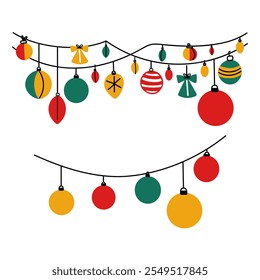 Christmas tree hanging balls. New year bubbles, stars and confetti. Winter festive background. Cute line doddle hand drawn illustration. Kid crayon sketch. Scribble and squiggle drawing