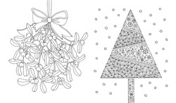 Christmas Tree And Hanging Mistletoe Sprigs With Bow Isolated. Xmas Symbols. Set Collection. Vector Artwork. Black And White. Zentangle Coloring Book Page For Adults, Kids. Holiday Greeting Card