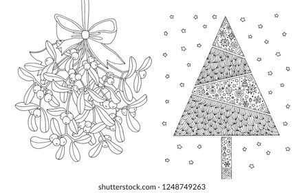 Christmas tree and hanging mistletoe sprigs with bow isolated. Xmas symbols. Set collection. Vector artwork. Black and white. Zentangle coloring book page for adults, kids. Holiday greeting card