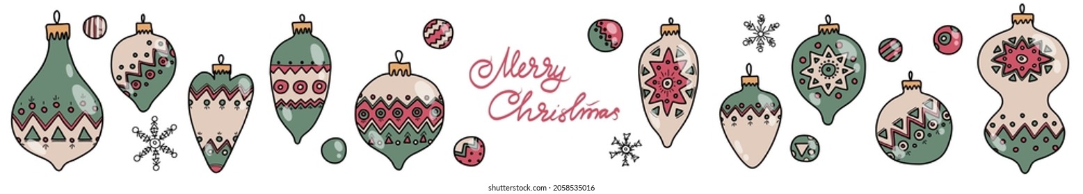 Christmas tree hanging ornaments, glass balls design elements, isolated on white background. Vector illustration.