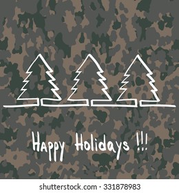 Christmas tree and HAPPY HOLIDAYS, hand drawn one line at camouflage background