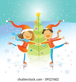 christmas tree and happy kids dancing on skates, vector illustration