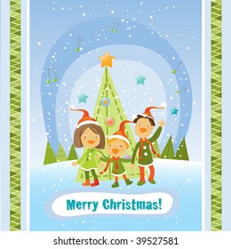   christmas tree and happy kids singing, vector holiday greeting card