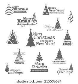 Christmas tree happy new year holiday stamps black set isolated vector illustration.