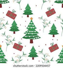 Christmas tree or Happy New Year noel. gift, leaves seamless pattern vector background. Christmas seamless pattern background