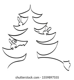 Christmas tree with hares and a wolf according to a poem by Agnia Barto. Hares hid from a predator, a fox is on the trail. A tree with a star in the forest. Animals in the snow. Toys rabbits, New Year