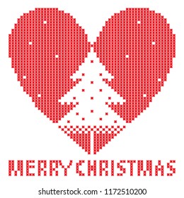 Christmas tree in the heart. Cross-stitch Christmas card. New Year theme