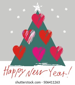  Christmas tree with hearts in white, red, purple, green colors on a light gray background. Happy New Year!