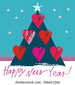  Christmas tree with hearts in white, red, purple, blue, green colors  on a blue background. Happy New Year!