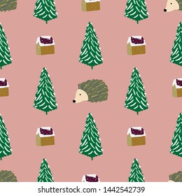 Christmas tree, hedgehog and houses seamless pattern on pink background.. Flat style illustration. Greeting card, poster, design element. Vector