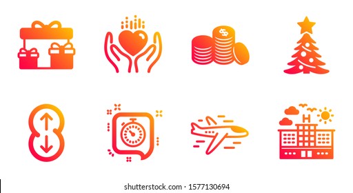 Christmas tree, Hold heart and Airplane line icons set. Scroll down, Banking money and Surprise boxes signs. Timer, Hotel symbols. Spruce, Care love. Business set. Vector