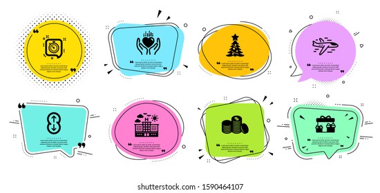 Christmas tree, Hold heart and Airplane line icons set. Chat bubbles with quotes. Scroll down, Banking money and Surprise boxes signs. Timer, Hotel symbols. Spruce, Care love. Business set. Vector