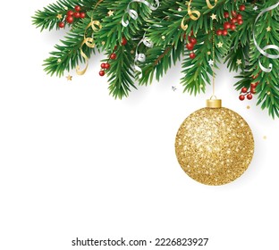 Christmas tree holiday decoration isolated on white. Fir tree branch with holly berry and ribbons. Golden glitter ball, ornaments. Vector. For Chistmas and New Year cards, headers, party posters.