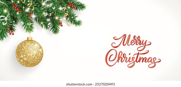 Christmas tree holiday decoration isolated on white. Merry Christmas calligraphy. Fir tree branch with holly berry. Golden glitter ball. Vector.For Christmas and New Year cards, headers, party posters