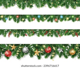 Christmas tree holiday decoration on transparent background, vector. Fir tree garland, border. Confetti, Christmas lights and golden glitter ornaments. Can be seamlessly repeated horizontally.