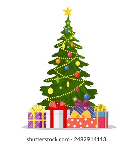 Christmas tree and holiday gifts. Fir-tree decorated with a star, balls and garlands. Vector illustration in a flat style