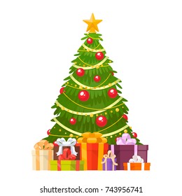 Christmas tree and holiday gifts. Fir-tree decorated with a star, balls and garlands. Vector illustration in a flat style