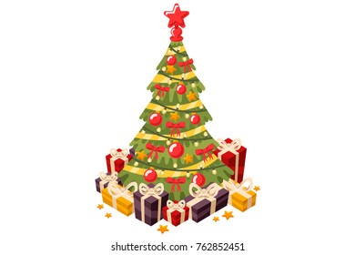 Christmas tree and holiday gifts. Fir-tree decorated with a star balls and garlands. Vector illustration in a flat style