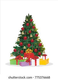 Christmas tree and holiday gifts. Fir-tree decorated with balls  Vector illustration.