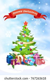 Christmas Tree Holiday Greeting Card Decoration Design Flat Vector Illustration
