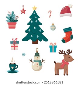Christmas tree and holiday icons with gifts, snowman, reindeer, and festive decorations in winter style