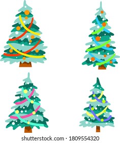 Christmas tree. Holiday and new year. Set of green plants. Garlands, lights and decoration. Cartoon flat illustration