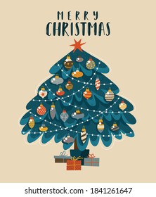 Christmas tree holiday vector illustration. Vector christmas tree with different toys

