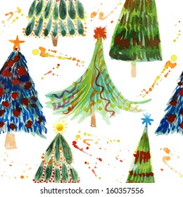 Christmas tree holidays winter hand drawn paint colorful vector pattern design