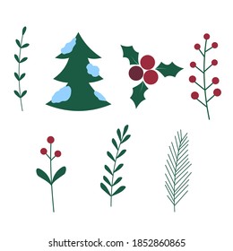 Christmas tree, holly and floral elements. Vector cartoon illustration. Isolated on white. Flat design.