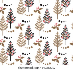 Christmas Tree, Holly leaf, berry, Ornament & snowball seamless pattern on white background. Black, Gold, Pink, White vector backdrop. Christmas themed design. Hand drawn vintage winter illustration. 