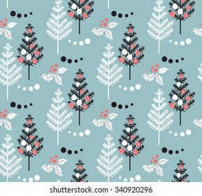 Christmas Tree, Holly leaf, berry, Ornament & snowball seamless pattern on blue background. Black, Blue, Pink, White vector backdrop. Christmas themed design. Hand drawn vintage winter illustration.