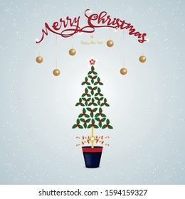 Christmas tree with Holly leaves and berries with Merry Christmas text. For Merry Christmas greeting card, Winter season and Happy New Year.