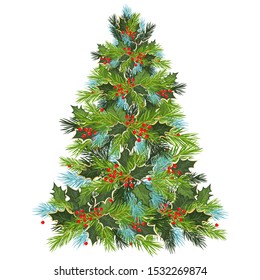 Christmas tree. Holly leaves and spruce branches. vector illustration