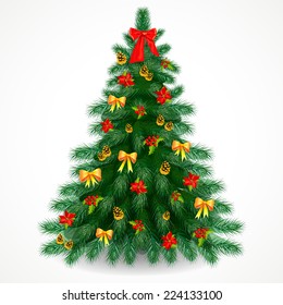 Christmas tree with holly, poinsettia, pine cones and bows