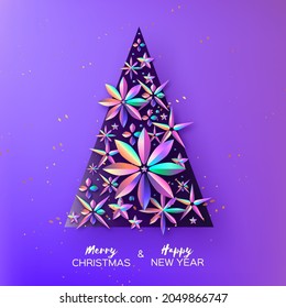 Christmas tree with holographic flowers stars. Happy New Year. Purple.