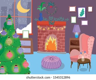 christmas tree home chimney sofa lamp plant cushion table window moon snow vector illustration