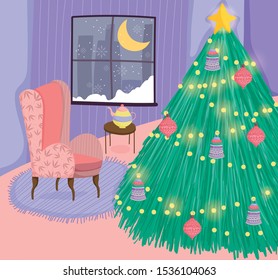 christmas tree to home decoration with balls a chair teapot on table night moon vector illustration
