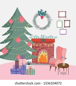 christmas tree to home decorative chimney wreath chair and gifts vector illustration