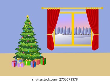 Weihnachtsbaum zu Hause, Interior. Fröhliche Weihnachten im Inneren. Vektordesign.