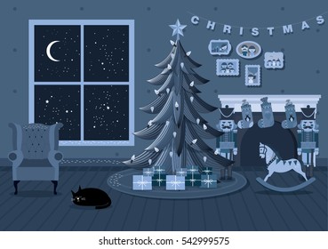 christmas tree at home night scene vector/illustration