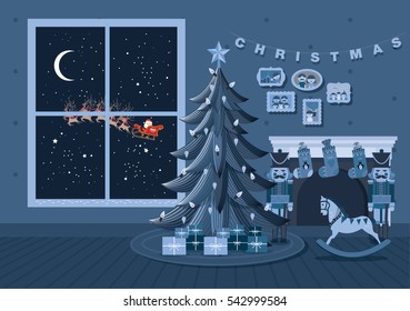 christmas tree at home night scene vector/illustration