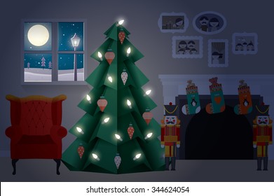 christmas tree at home, night/dark vector/illustration
