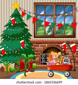 Christmas tree in the house merry christmas scene illustration