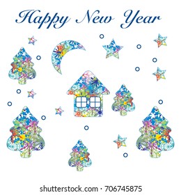 Christmas tree, house, moon and stars with ornament. Design for postcard, banner, poster or print.