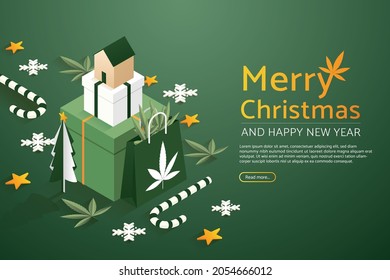 Weihnachtsbaum mit Haus auf Set Geschenkbox groß und Papier Tasche Marihuana. Frohe Weihnachten und glückliches neues Jahr. isometrische Vektorgrafik.